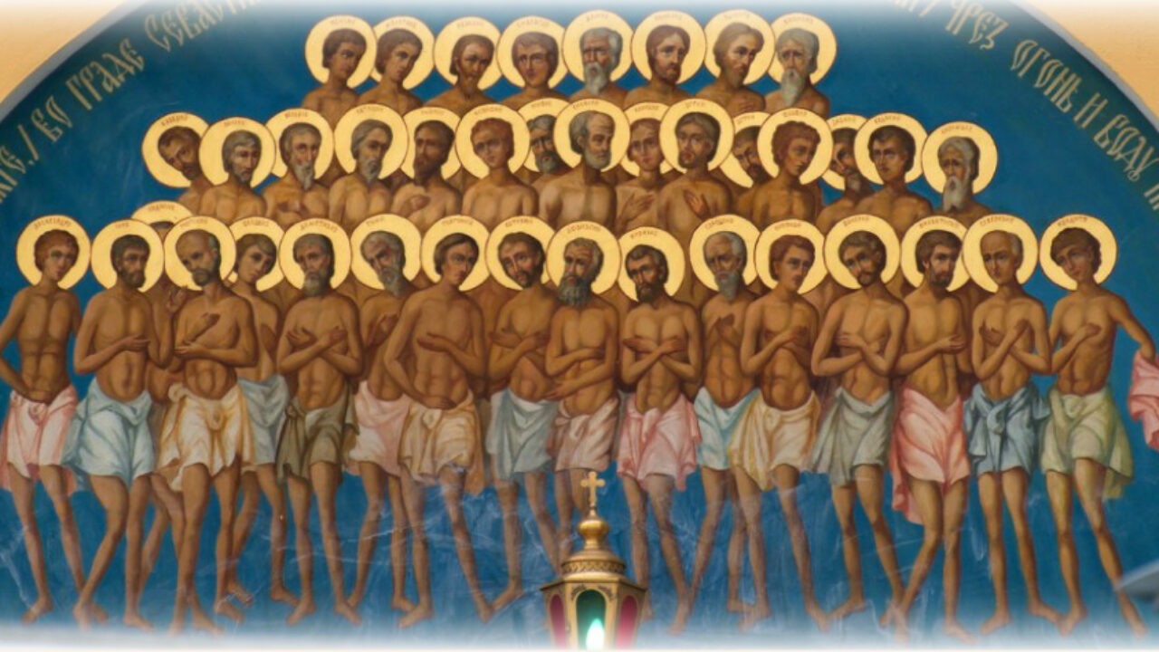 Сорок великомучеников. Икона 40 Севастийских мучеников. Икона сорока святых мучеников Севастийских. 40 Мучеников Севастийских иконография. Икона 40 святых мучеников.
