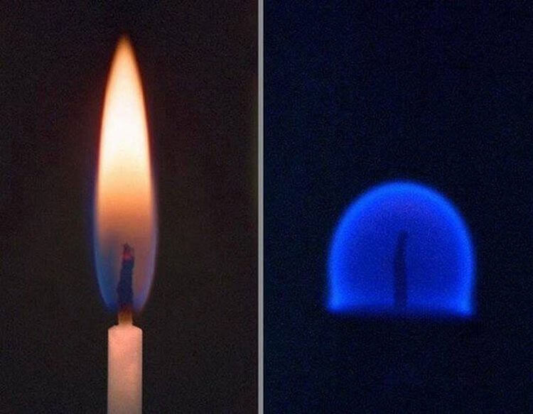 Ліве зображення показує, як горить свічка на Землі, а праве – в умовах невагомості