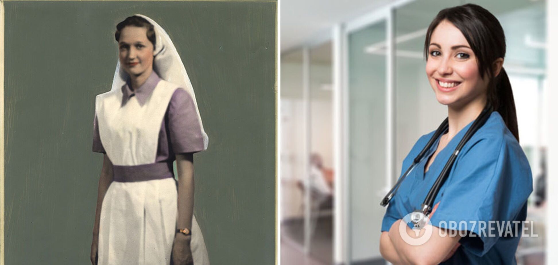Медсестра на початку XX століття та сучасна лікарка.