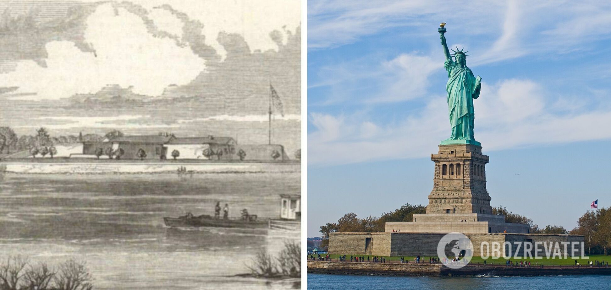 Острів Свободи в Нью-Йорку до і після будівництва статуї Свободи