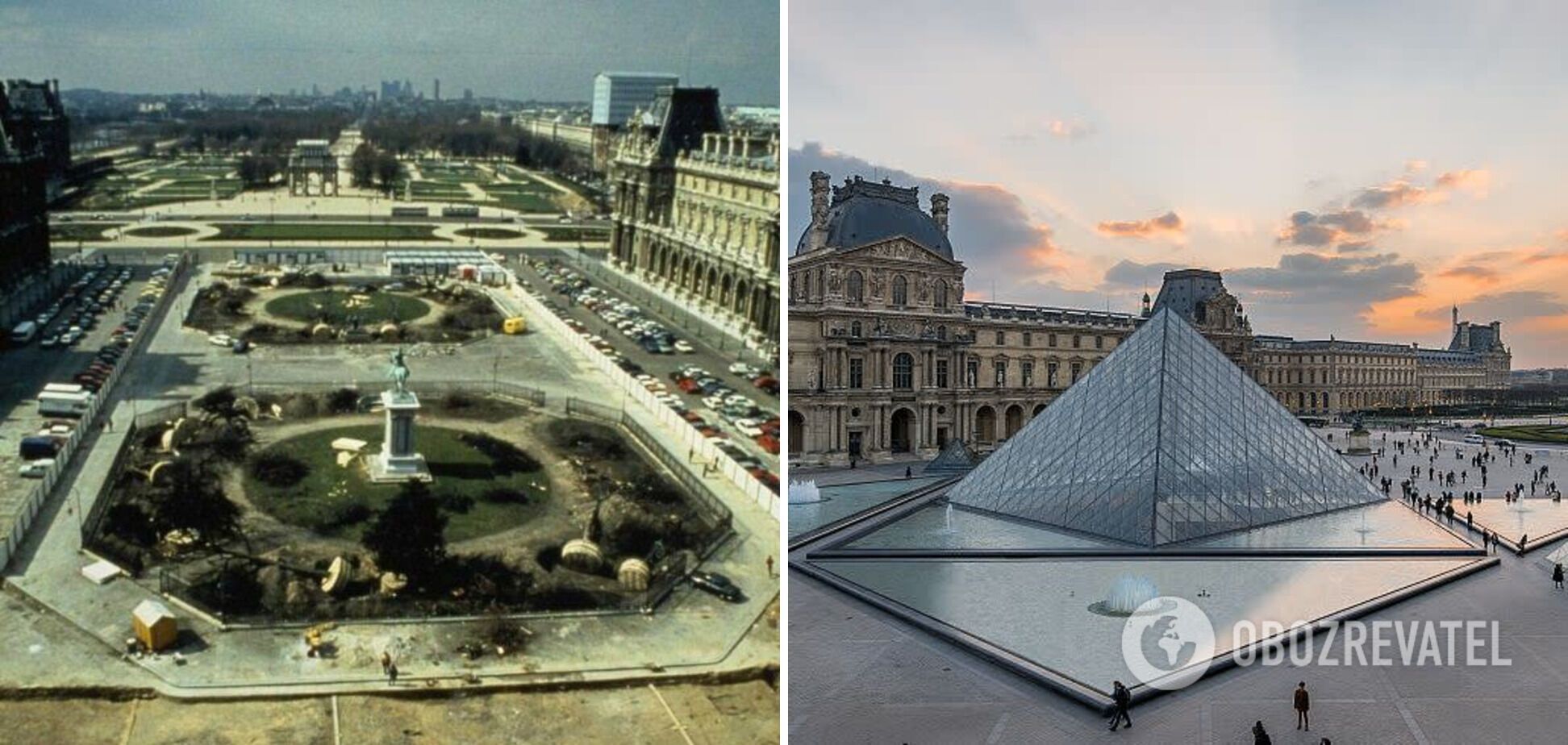 Музей Лувра в Парижі до та після будівництва піраміди Лувру