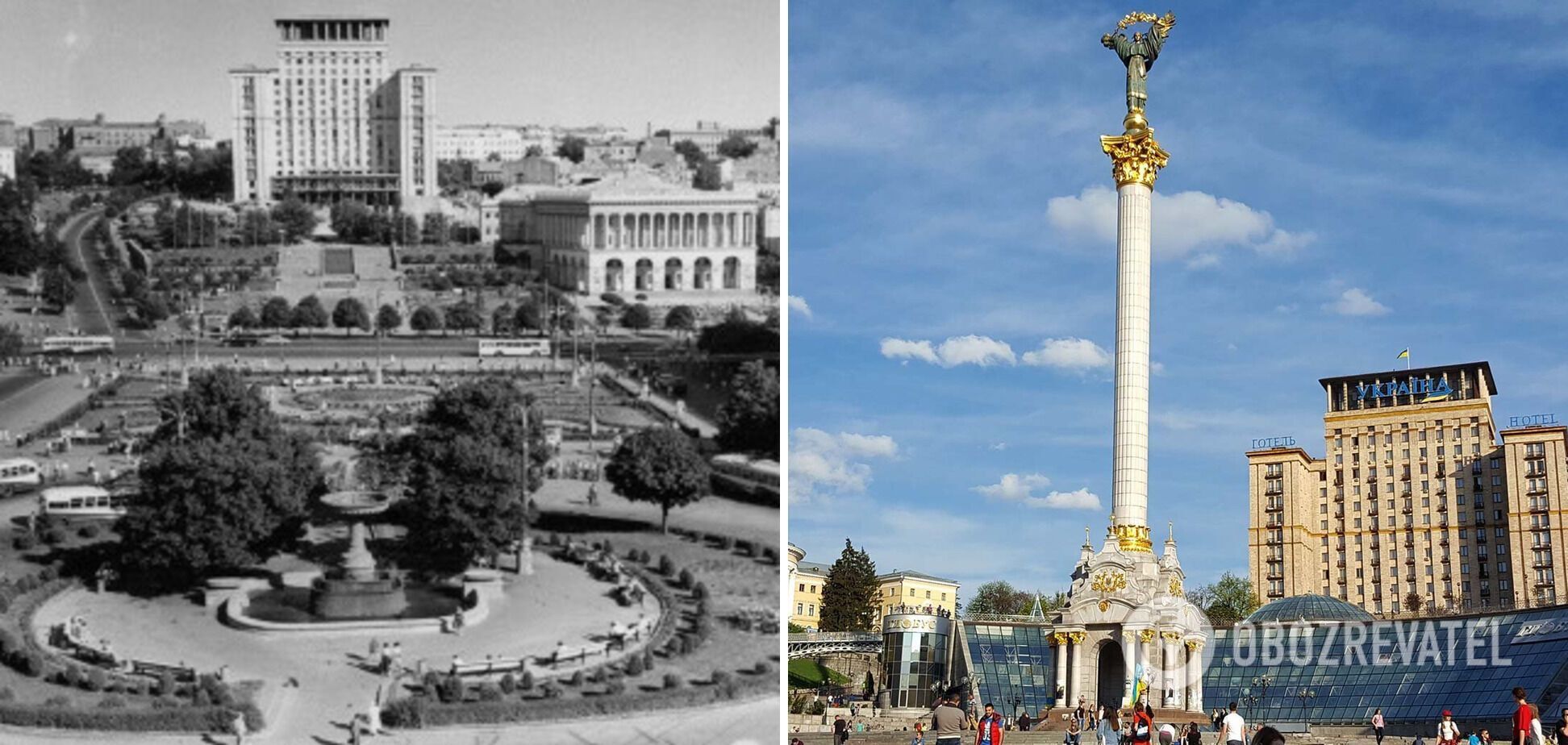 Хрещатик до та після будівництва Статуї Незалежності в Києві