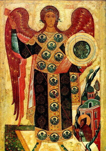 На іконах Архистратиг Михаїл зображується з мечем у руках