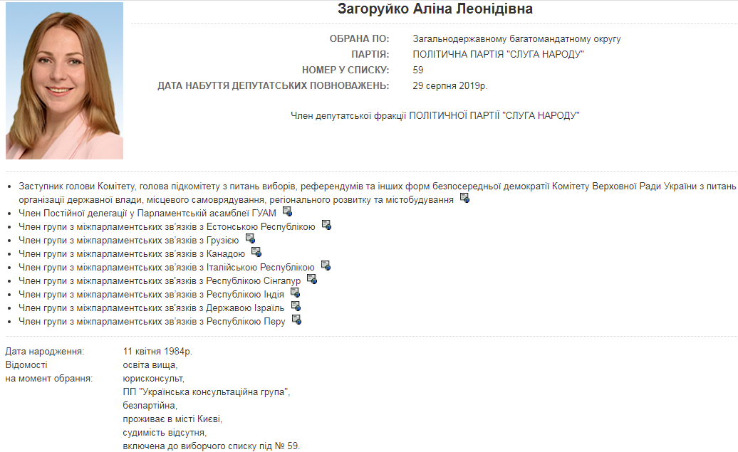 Інформація про нардепку на сайті парламенту